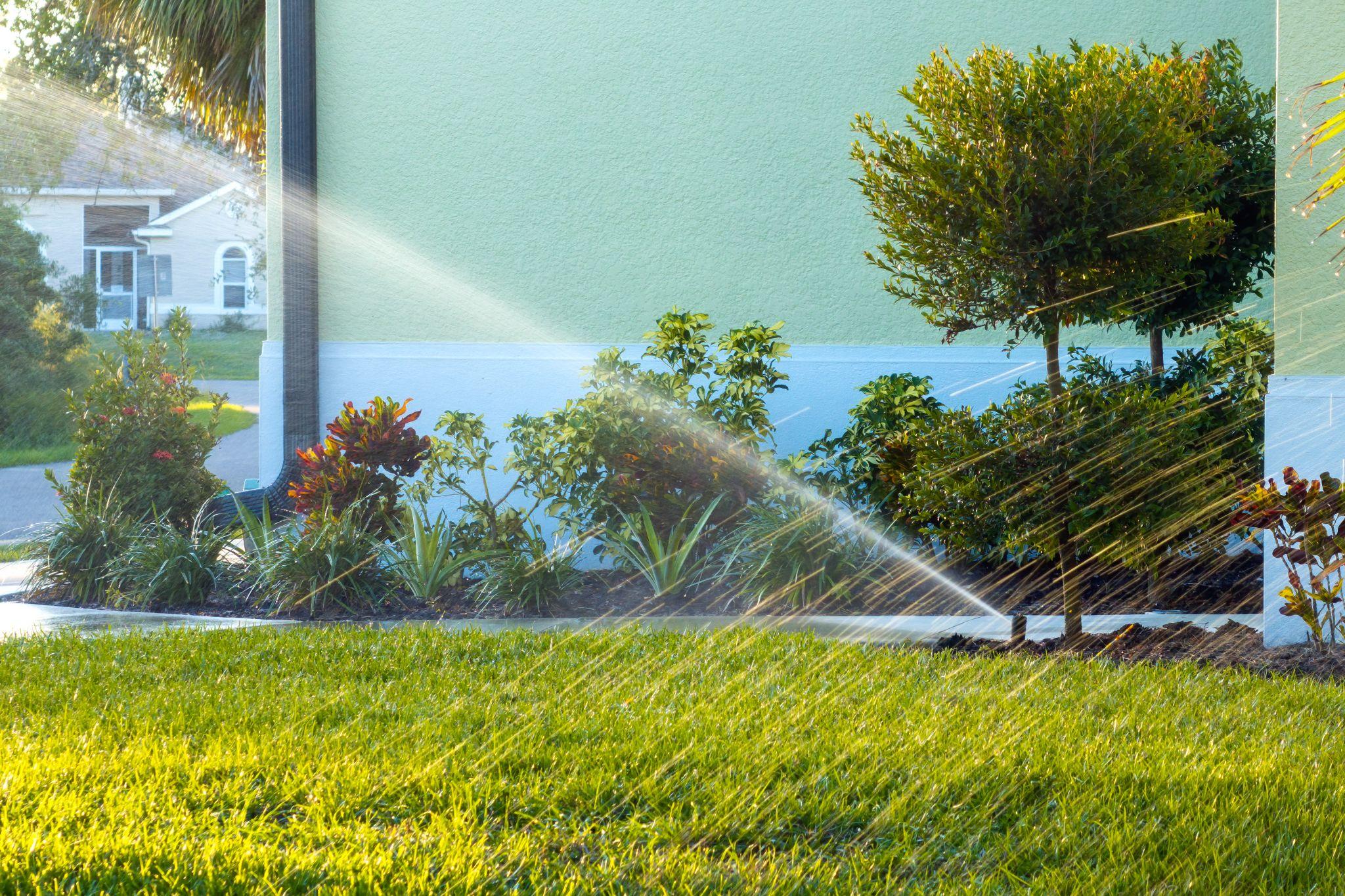 Front yard sprinkler spraying water across a green lawn and landscaped garden bed beside a house in bright afternoon sunlight.